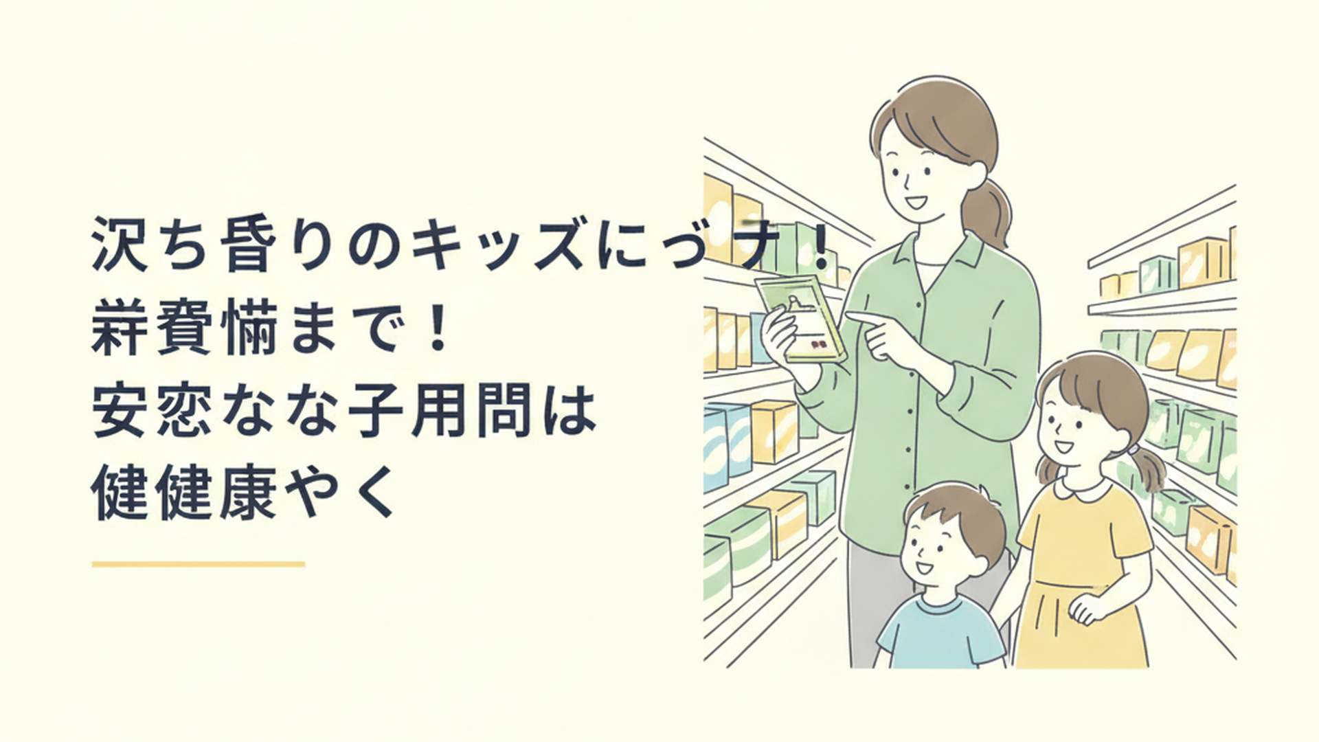 母親が子供と一緒にスーパーで市販のおやつのパッケージ裏を見ながら、笑顔で選んでいる様子