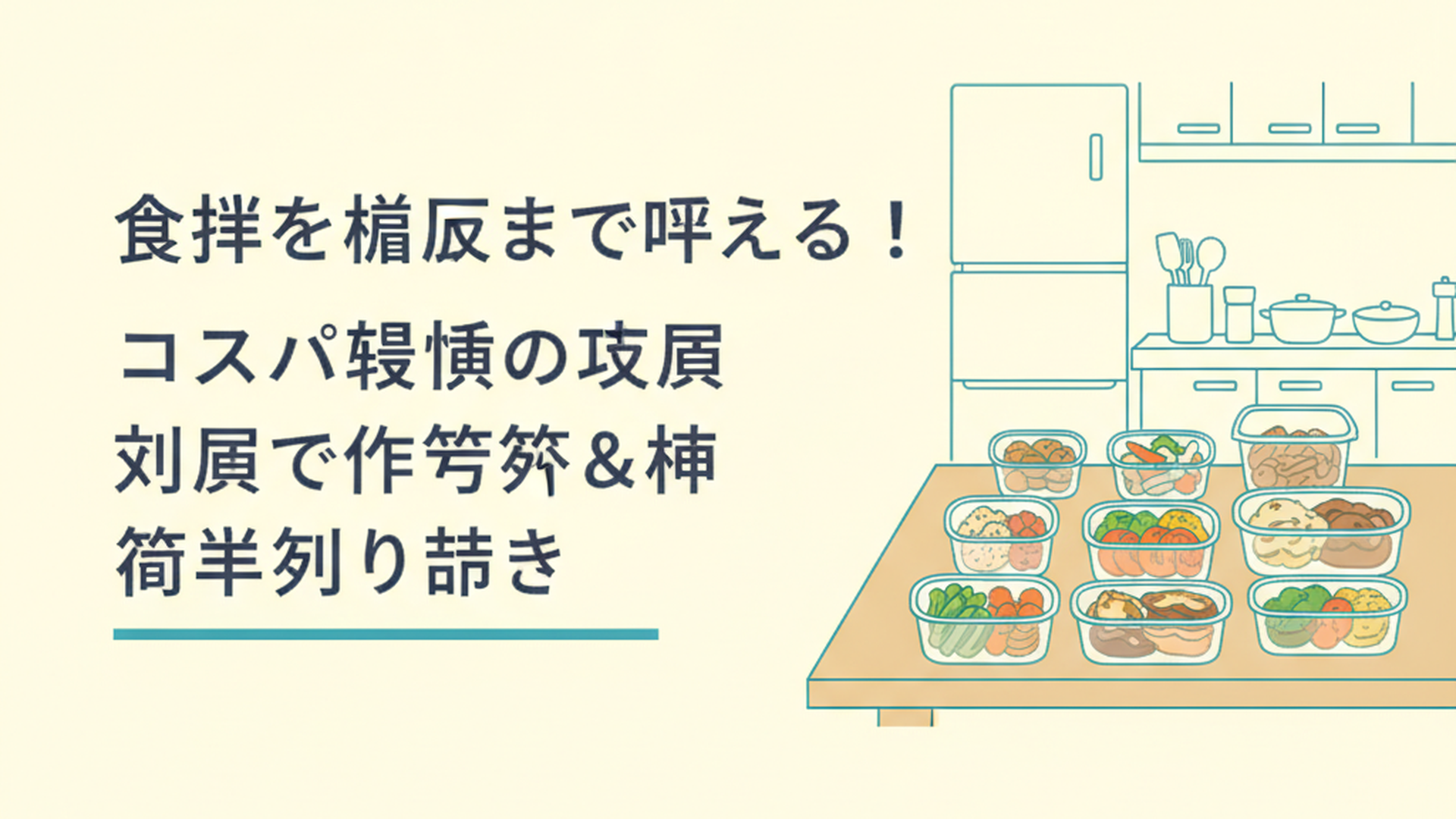 週末の明るいキッチンで、ガラス容器に入った色とりどりの作り置きおかずがテーブルに並んでいる様子