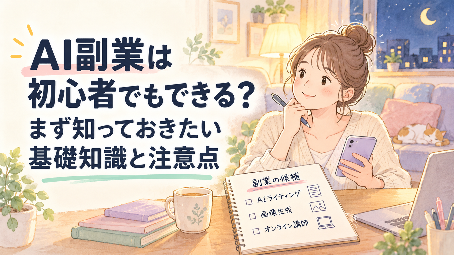 夜のリビングでスマホを手に、ノートに副業の候補を書き出している30代女性のやわらかい手元