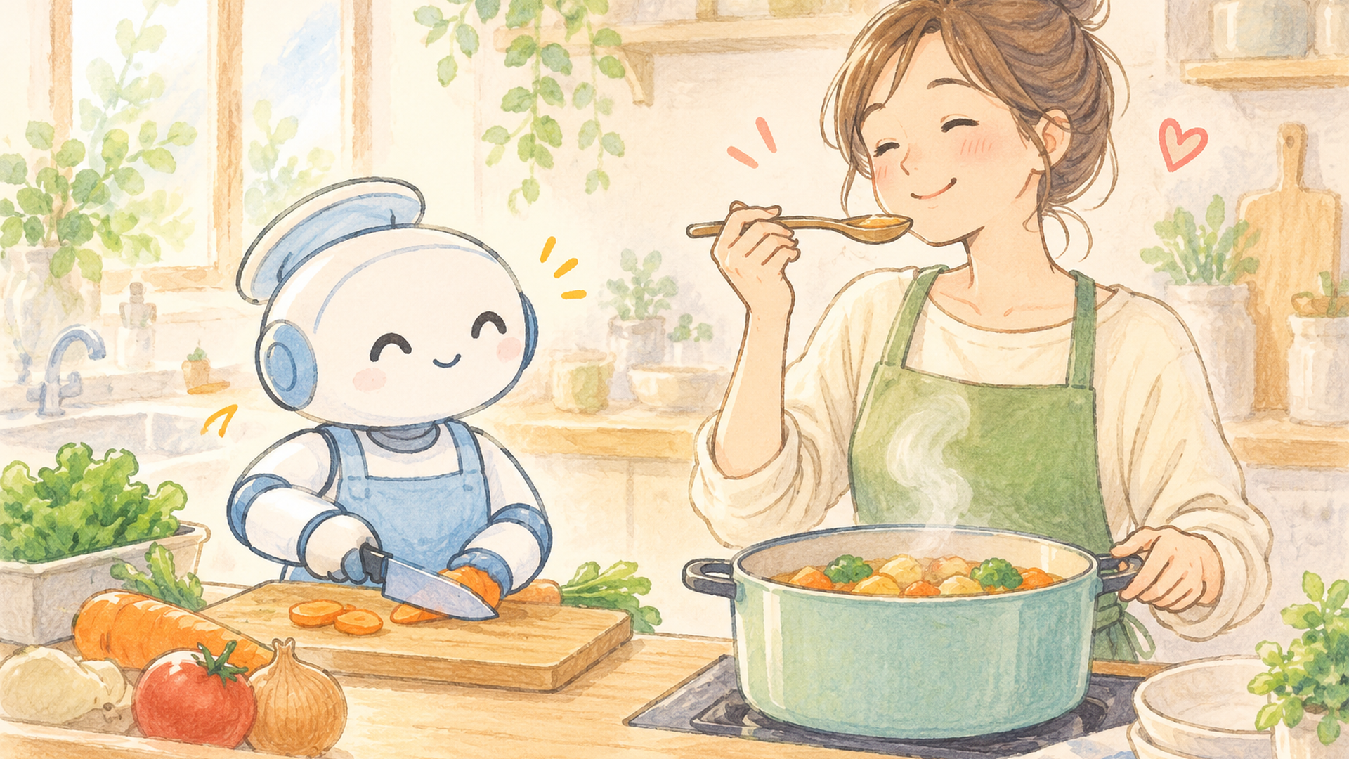 台所で下ごしらえを手伝う助っ人と、味見をして料理を仕上げる女性