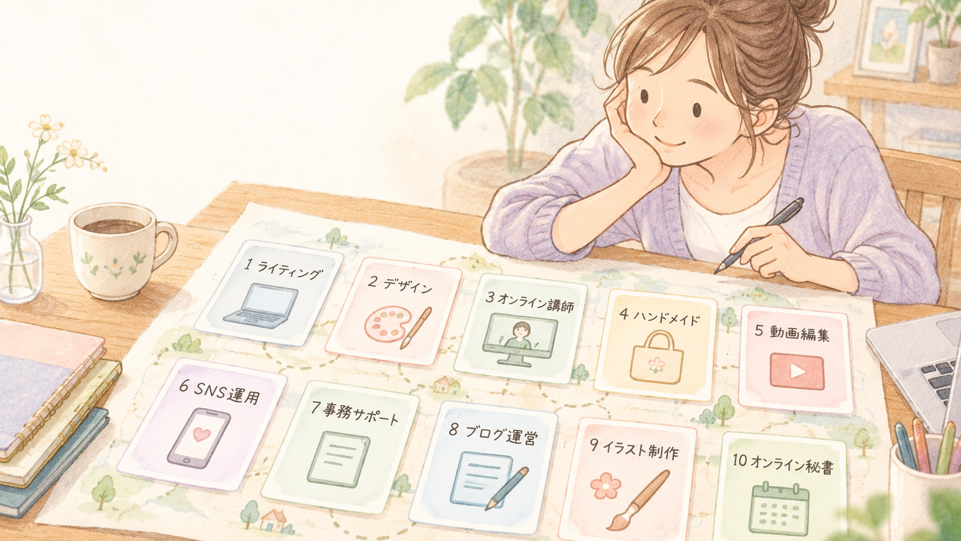 机に広げた地図のように、10種類の副業カードを並べて眺める女性の手元
