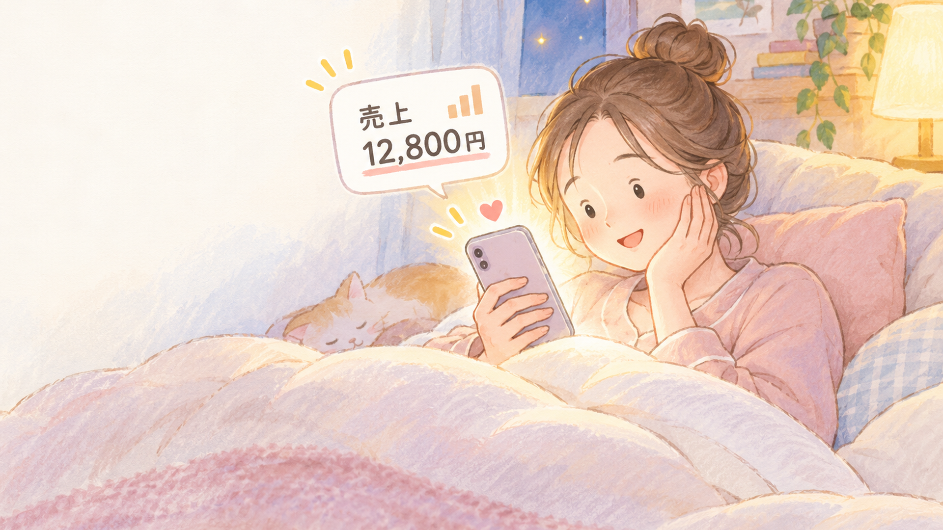 夜の布団の中で、売上通知が光るスマホの画面を見つめる女性