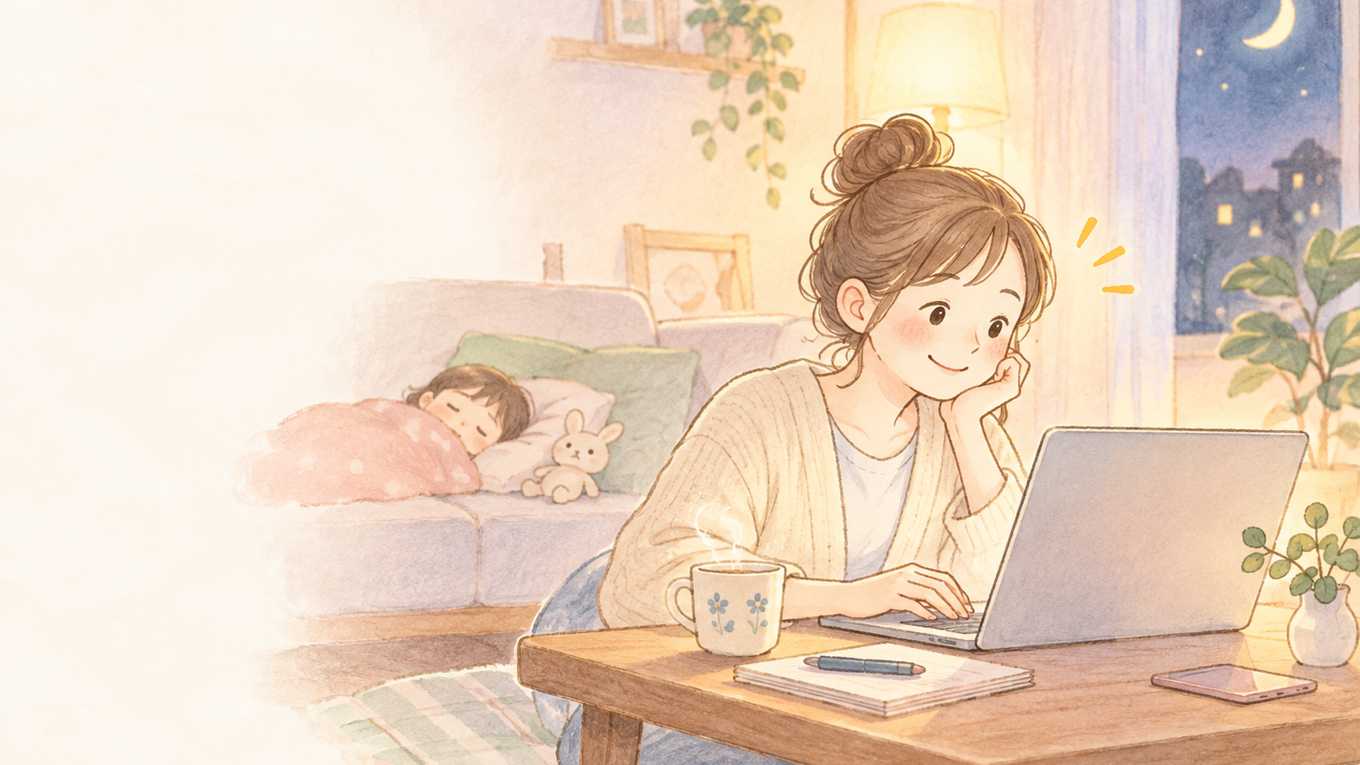 子どもが寝静まった夜、リビングの小さな机でノートPCに向かい最初の1枚を仕上げる女性
