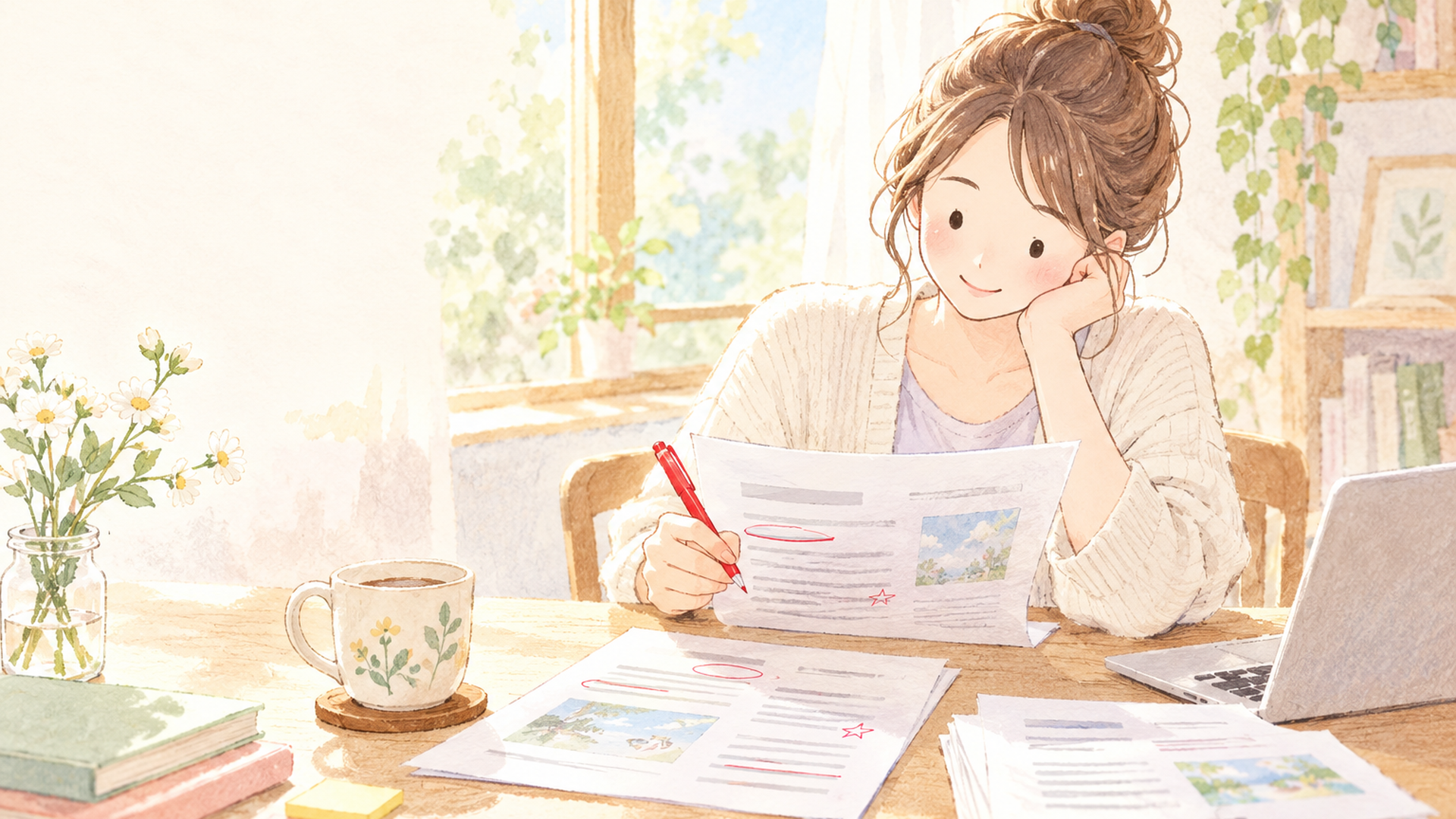 朝の窓辺で、印刷した記事に赤ペンを入れながら読み比べる女性